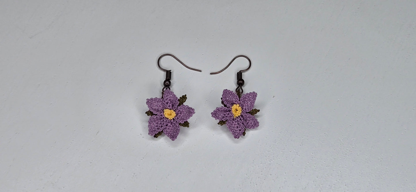 Needle Lace Deep Purple Flower Earrings (dangling)