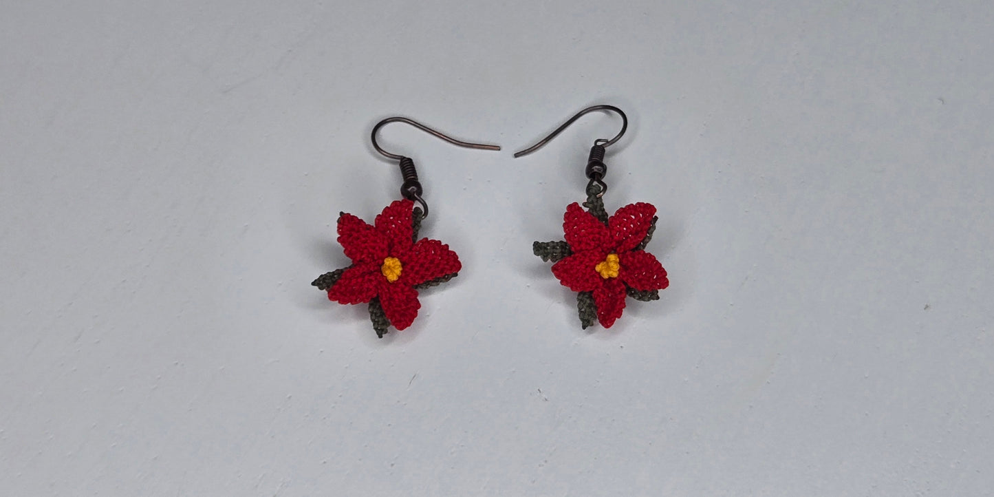 Needle Lace Red Flower Earrings (dangling)