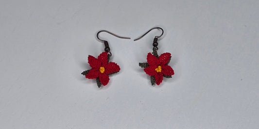 Needle Lace Red Flower Earrings (dangling)