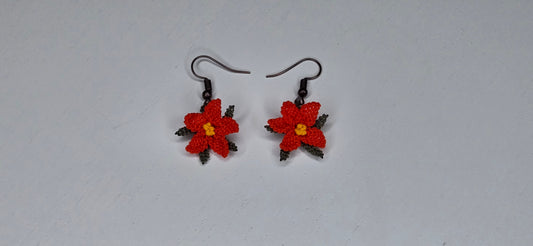 Needle Lace Bright Orange Flower Earrings (dangling)