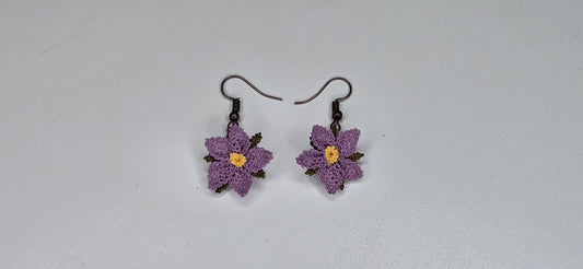 Needle Lace Deep Purple Flower Earrings (dangling)