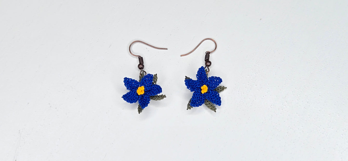 Needle Lace Night Blue Flower Earrings (dangling)