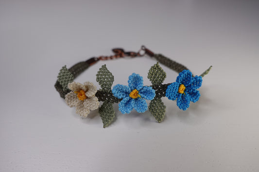 Needle Lace Triple Spring Flower Bracelet White-Turquoise-Blue