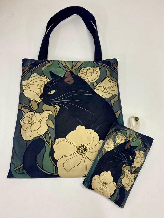 Black Cat in Bloom Bag Set (Large & Small Pouch Included)